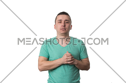 Man With His Hand On Heart Taking An Oath - Isolated On White Background