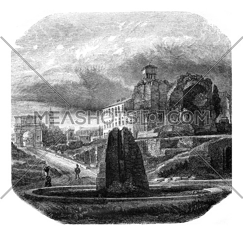The terminal sweating the temple of Venus and Roma, the Arch of Titus, vintage engraved illustration. Magasin Pittoresque 1846.