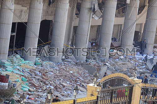 destruction to the facade of the Egyptian Police Headquarters after A car bomb explosion in Cairo on 24 January 2014