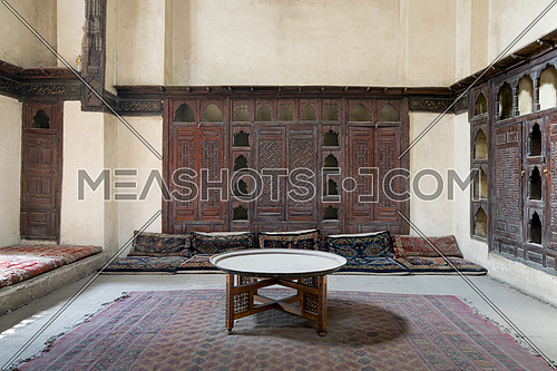 Room at El Sehemy house, an old Ottoman era house in Cairo, built in 1648. with built-in couch, and embedded wooden cupboard, Cairo, Egypt