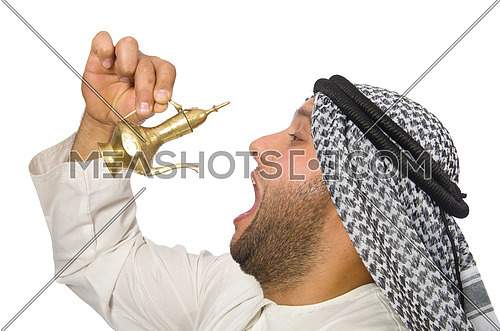 Arab man with lamp isolated on white