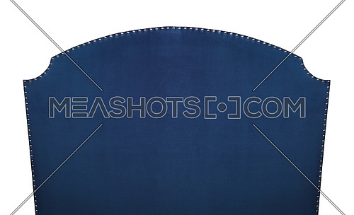 Dark indigo navy blue soft velvet fabric shaped bed headboard isolated on white background, front view