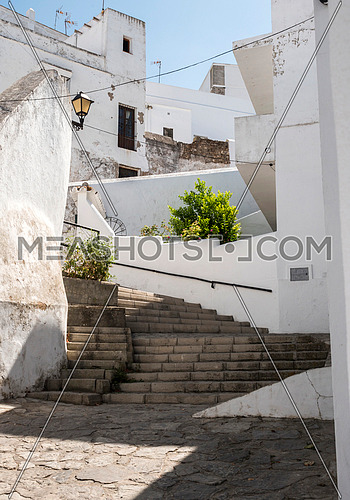 Whitewashed Andalusian typical house of white lime in Vejer de la Frontera, Cadiz, Spain