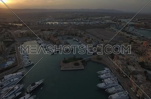  Drone shot flying above Al Gouna Marina  at sunset