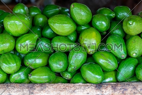 Green avocado stack at grocery on tropical marketplace outdoor,Samana peninsula,Dominican republic.