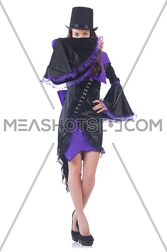 Girl wearing violet and black dress isolated on white