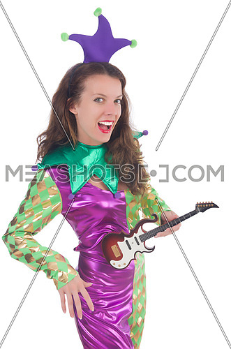 Girl in harlequin costume isolated on white