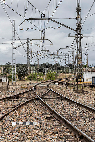 Espeluy, Spain - October 23, 2016: Espeluy railway platform and train tracks, Jaen province, Spain