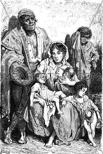 A family of beggars in Jaen, vintage engraved illustration. Le Tour du Monde, Travel Journal, (1865).