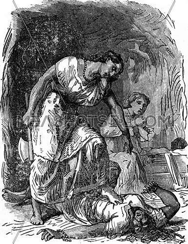 Dramas of India. Punishment, vintage engraved illustration. Journal des Voyage, Travel Journal, (1879-80).
