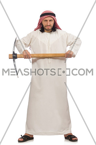 Arab man with ice axe isolated on white