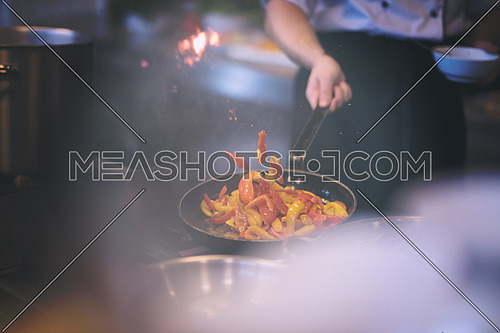 Young male chef flipping vegetables in wok at commercial kitchen