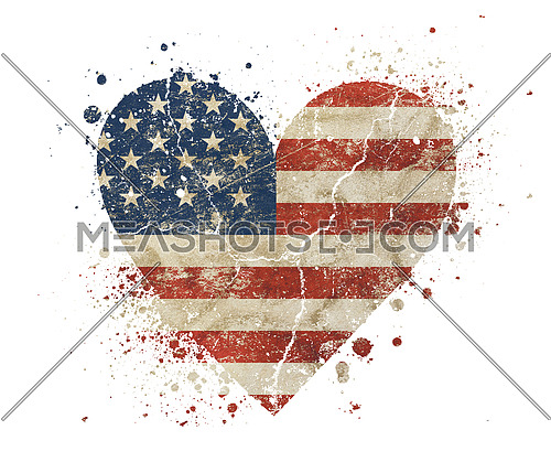 Heart shaped old grunge vintage dirty faded shabby distressed American US national flag with bang splash isolated on white background