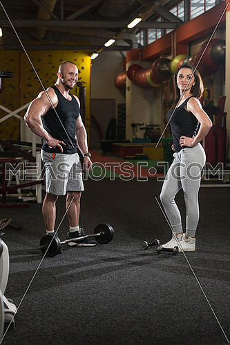 Strong Young Couple Doing Exercise For Biceps With Dumbbells And Barbell In The Gym
