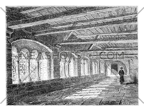 Cloister of the Nivelles Monastery in Nivelles, Belgium, drawing by Taelemans, vintage illustration. Le Tour du Monde, Travel Journal, 1881