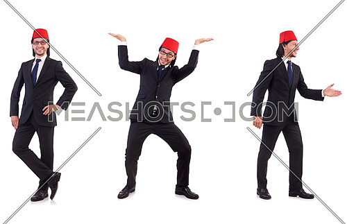 Man wearing fez hat isolated on white