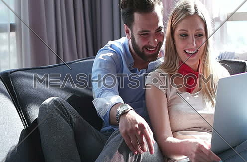 Attractive couple using a laptop in the living room 