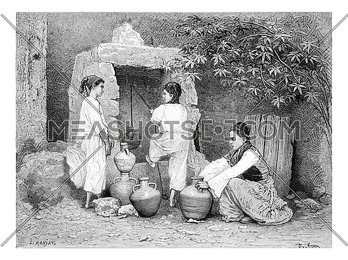 Arab Girls Drawing Water from a Well in Acre, Palestine, vintage engraved illustration. Le Tour du Monde, Travel Journal, 1881