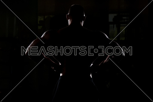 Silhouette Bodybuilder Posing - Handsome Power Athletic Guy Male - Fitness Muscular Body