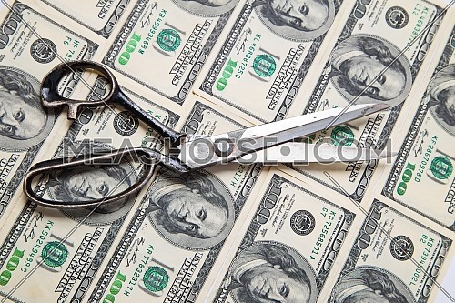 Scissors cuts dollars banknote on white background