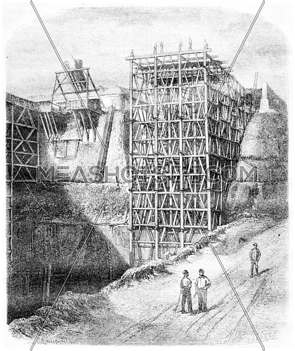 Slate quarries of Angers. Craft under construction, vintage engraved illustration. Magasin Pittoresque 1867.