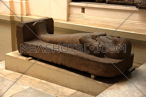 a photo from inside the Egyptian museum showing a display for ancient statues belonging to the pharaohs civilization