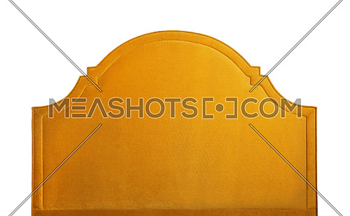 Shaped vivid yellow soft velvet bed headboard isolated on white background, front view