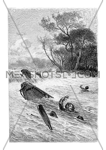 Swimming to Safety, in Angola, Southern Africa, drawing by Bayard based on a sketch by Serpa Pinto, vintage engraved illustration. Le Tour du Monde, Travel Journal, 1881