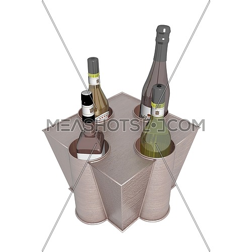 Wine and liquor bottles in a metal holder or rack, 3D illustration, isolated against a white background