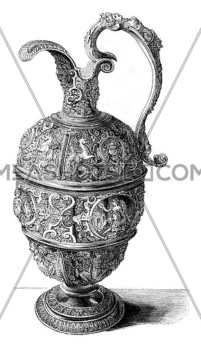 Museum of Cluny, Pewter Ewer, vintage engraved illustration. Magasin Pittoresque 1852.