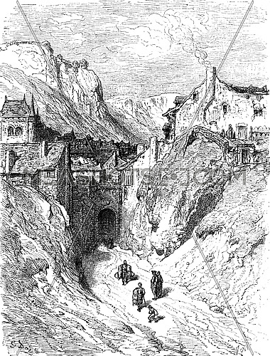 The suburb of Moreria, Calatayud (Aragon), vintage engraved illustration. Le Tour du Monde, Travel Journal, (1872).