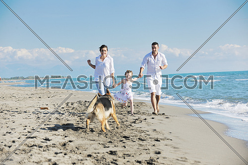 happy young family in white clothing have fun and play with beautiful dog at vacations on beautiful beach