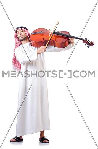 Arab man playing cello isolated on white