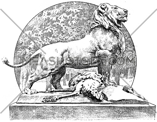 Cain a lion in the staggered Tuileries, vintage engraved illustration. Paris - Auguste VITU â 1890.