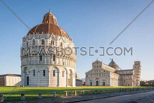 Pisa Baptistery, the Pisa Cathedral and the Tower of Pisa,Unesco world heritage site. They are located in the Piazza dei Miracoli (Square of Miracles) in Pisa, Italy.