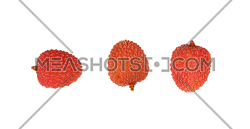 Three fresh red ripe lychee (Litchi chinensis) tropical fruits isolated on white background, detail close up in different perspectives, elevated top view, directly above