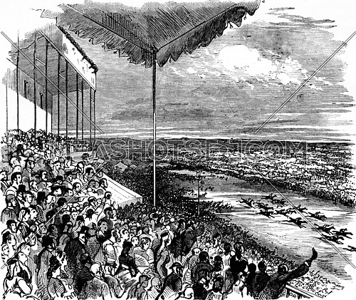 The large stand during a race, vintage engraved illustration. Journal des Voyage, Travel Journal, (1879-80).