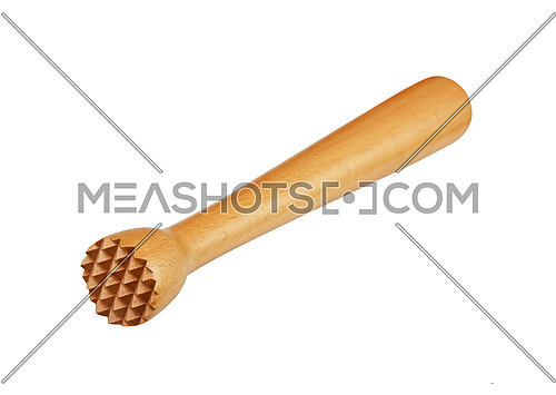Close up traditional brown wooden muddler to mash fruits for mojito isolated on white background, high angle side view