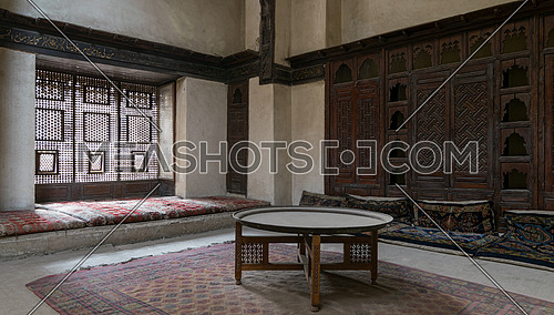 Room at El Sehemy house with an interleaved wooden window (Mashrabiya) and embedded cupboard, an old Ottoman era house in Cairo, built in 1648. 
