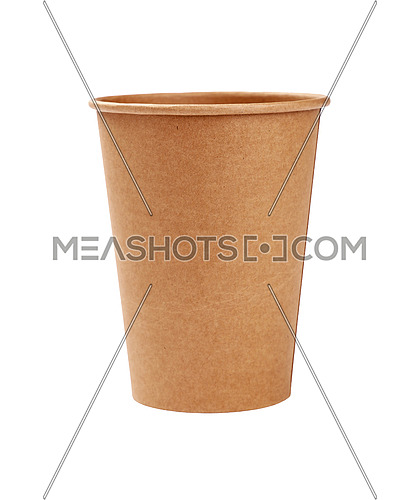Close up one big empty brown paper parchment coffee to go cup isolated on white background, low angle side view
