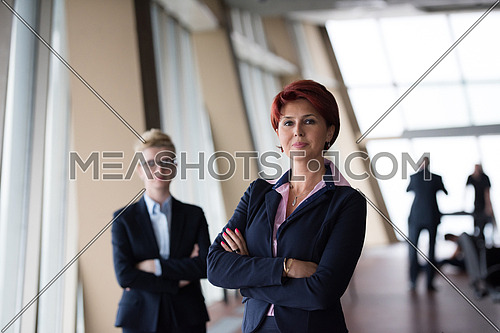 portrait  of two corporate business partner woman at modern bright office interior standing in group as team