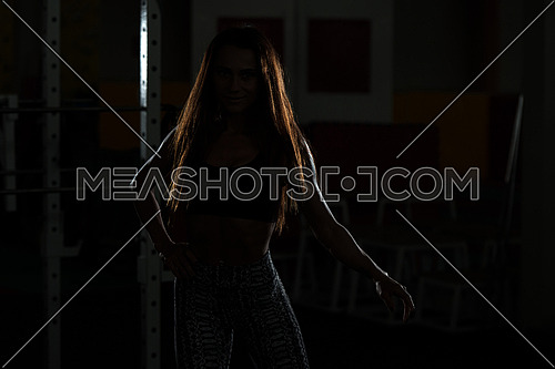 Silhouette Woman Standing Strong In The Gym And Flexing Muscles
