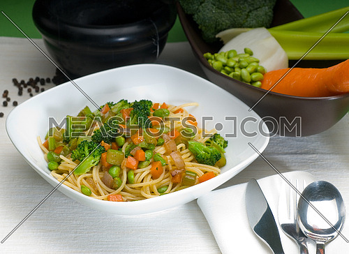 italian spaghetti pasta with fresh homemade vegetable sauce