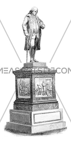 Franklin statue in Boston, vintage engraved illustration. Magasin Pittoresque 1861.