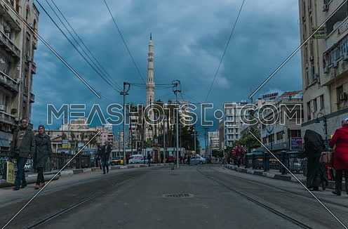 Fixed shot for Al Qaaed Ibrahim Basha Mousque showing traffic and trams