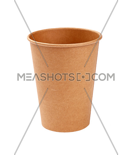 Close up one big empty brown paper parchment coffee to go cup isolated on white background, high angle side view