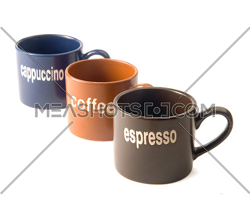 coffee,espresso,cappuccino cups isolated on white background