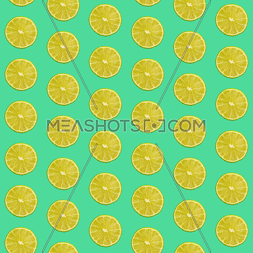 Seamless pattern of fresh green lime round cut wedges on vivid teal background