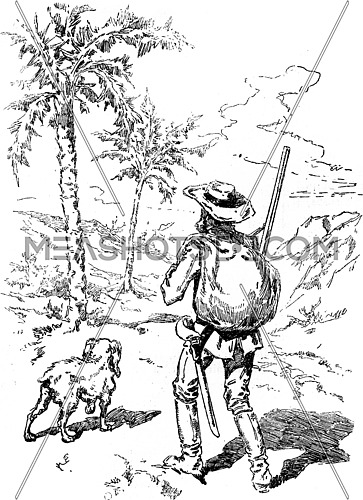 Narcissus Nicaise perilous adventures in the Congo. At the foot of a magnificent date palm which he placed his luggage, vintage engraved illustration. Journal des Voyage, Travel Journal, (1880-81).