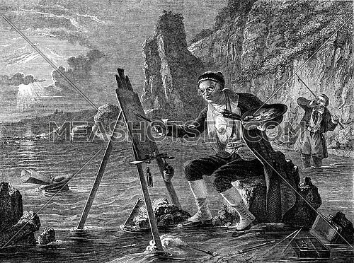 The marine painter, vintage engraved illustration. Magasin Pittoresque 1847.